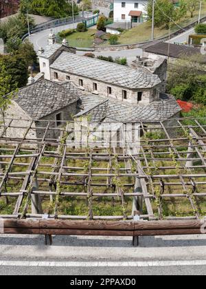 Weinberg und Kirche in der Stadt Pont-Saint-Martin, Aosta Valley, NW Italien Stockfoto