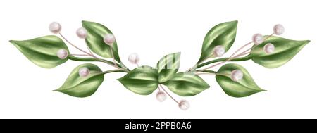 Elegante horizontale Zusammensetzung aus grünen Blättern und getrockneten dekorativen Blumen im Aquarellstil. Digitale Abbildung auf weißem Hintergrund. Für Einladungen Stockfoto