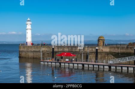 Newhaven Harbour Lighthouse und Viking Kreuzfahrtschiffsteg mit klarem blauen Himmel, Edinburgh, Schottland, Großbritannien Stockfoto