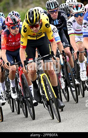 Lüttich, Belgien. 23. April 2023. Belgischer Tiesj Benoot von Jumbo-Visma, belgischer Remco Evenepoel von Soudal Quick-Step, französischer Romain Bardet von Team DSM, belgischer Louis Vervaeke von Soudal Quick-Step und britischer Tom Pidcock von Ineos Grenadiers, abgebildet in Aktion während des Men-Elite-Rennens von Lüttich-Bastogne-Lüttich, 258,5km Tag von Lüttich Über Bastogne nach Lüttich, Sonntag, 23. April 2023. BELGA FOTO JASPER JACOBS Kredit: Belga News Agency/Alamy Live News Stockfoto