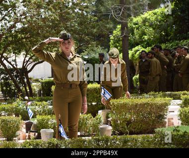 Jerusalem, Israel. 02. Februar 2014. Ein israelischer Soldat salutiert, nachdem er eine Nationalflagge mit schwarzen Bändern auf dem Grab eines gefallenen Soldaten am Mt. Herzl Militärfriedhof in Jerusalem am Sonntag, den 23. April 2023. Israel wird am 24. April den Gedenktag für Soldaten und Terroropfer bei Sonnenuntergang begehen. Foto von Debbie Hill/ Kredit: UPI/Alamy Live News Stockfoto