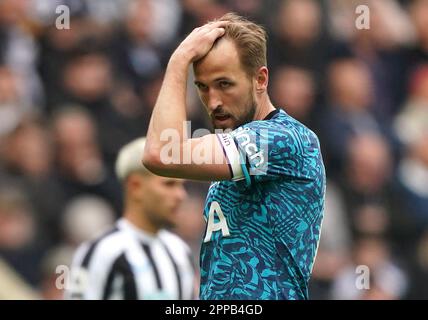 Harry Kane von Tottenham Hotspur reagiert während des Premier League-Spiels in St. James' Park, Newcastle-upon-Tyne. Foto: Sonntag, 23. April 2023. Stockfoto