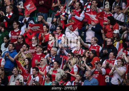 Wolfsburg, Deutschland. 23. April 2023. Fußball, Frauen: Champions League, VfL Wolfsburg - Arsenal WFC, K.O.-Runde, Halbfinale, erste Etappe, Volkswagen Arena. Arsenal-Fans sind auf der Tribüne. Kredit: Swen Pförtner/dpa/Alamy Live News Stockfoto