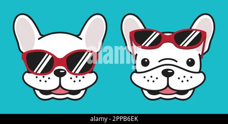 Hundevektor französisches Bulldogsymbol Lächeln rote Sonnenbrille Cartoon Figur weiß Stock Vektor