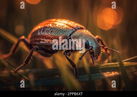 Nahaufnahme eines kleinen Käfers auf üppigem grünen Gras bei Sonnenuntergang Stockfoto