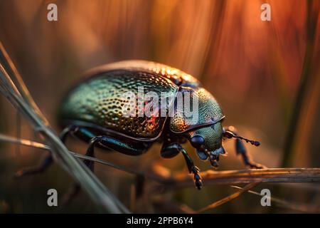 Nahaufnahme eines kleinen Käfers auf üppigem grünen Gras bei Sonnenuntergang Stockfoto