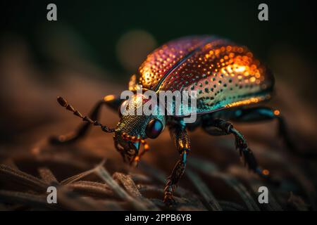 Nahaufnahme eines kleinen Käfers auf üppigem grünen Gras bei Sonnenuntergang Stockfoto