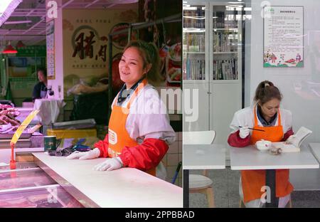 (230423) -- SHANGHAI, 23. April 2023 (Xinhua) -- Dieses Kombi-Foto zeigt den Schweinehändler Chen Haiyan, der Kunden (L) begrüßt und liest, während er am 20. April 2023 im Lebensmittelmarkt Kuizhao Road in Shanghai, Ostchina, zu Mittag isst. Im Jahr 2010 stellte die Bibliothek des Bezirks Shanghai Hongkou im Lebensmittelmarkt Fuci im Unterbezirk Jiangwanzhen rund 600 Bücher für Wanderarbeitnehmer kostenlos zur Verfügung. Dies war der erste "Lebensmittelmarkt-Leseraum" im Bezirk. Bisher haben dreizehn Lebensmittelmärkte in 8 Unterbezirken des Bezirks Hongkou solche Leseräume eingerichtet, in denen Stallbesitzer und andere Arbeiter eine Pause einlegen können Stockfoto