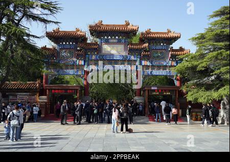 Peking, China. 14. April 2023. Der Eingang zum Lama-Tempel. Der Tempel wurde 1694 erbaut und ist einer der größten lamaistischen Tempel außerhalb Tibets. Kredit: Soeren Stache/dpa/Alamy Live News Stockfoto