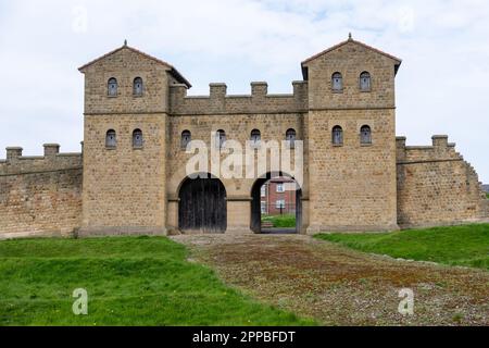 Das rekonstruierte Eingangstor zum Arbeia Roman Fort in South Shields, South Tyneside, Großbritannien. Stockfoto