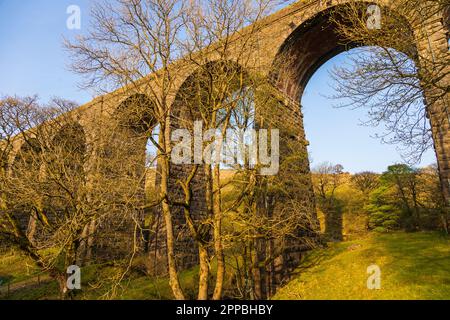 Blick auf das Ribblehead Viaduct in Cumbria. Grüne Hügel in Yorkshire Dales, ländliche Landschaft, Nord-UK. Stockfoto