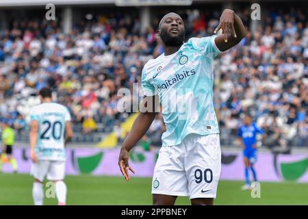 Empoli, Italien. 23. April 2023. Carlo Castellani Stadion, Empoli, Italien, 23. April 2023, Romelu Lukaku (Inter - FC Internazionale) feiert nach einem Tor bei Empoli FC vs. Inter - FC Internazionale - italienische Fußballserie A Spiel Credit: Live Media Publishing Group/Alamy Live News Stockfoto