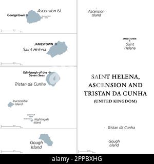 St. Helena, Ascension und Tristan da Cunha, graue politische Karte. British Overseas Territory im Südatlantik, Hauptstadt Jamestown. Stockfoto