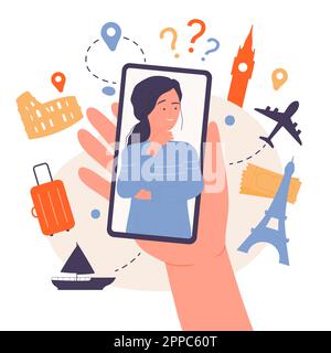 Frau, die eine Reise plant, denkt über die Wahl des Ziellandes nach. Cartoon Hand hält Handy mit einem netten Mädchen auf der Leinwand, um Ort und Transport der Denkmäler auszuwählen Stock Vektor