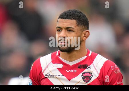 Kallum Watkins #3 von Salford Red Devils während des Spiels der Betfred Super League Runde 10 Salford Red Devils vs Catalans Dragons im AJ Bell Stadium, Eccles, Großbritannien, 23. April 2023 (Foto von Steve Flynn/News Images) Stockfoto