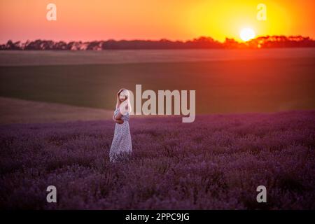 Junge blonde Frau steht im violetten Feld bei Sonnenuntergang in den hellen Sonnenstrahlen. Reisen Sie auf dem Land. Allergiekonzept. Sonnenuntergang am Himmel. Ein sorgenfreies Mädchen Stockfoto