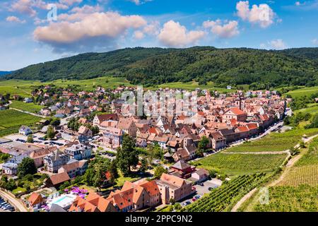 Blick auf das Dorf Riquewihr und die Weinberge an der Elsässer Weinstraße, Frankreich. Die schönsten Dörfer Frankreichs, Riquewihr im Elsass, die berühmte „Weinrot“. Co Stockfoto