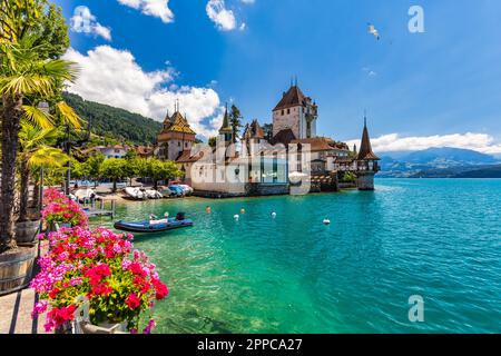 Schloss Oberhofen am Thunersee in den schweizer Alpen, Schweiz. Schloss Oberhofen am Thunersee im Kanton Bern der Schweiz. Oberhofen Stockfoto