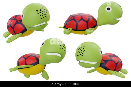 Cartoon-Schildkröte verschiedene Winkel isoliert auf weißem Hintergrund hohe Detailqualität - 3D-Rendering Stockfoto