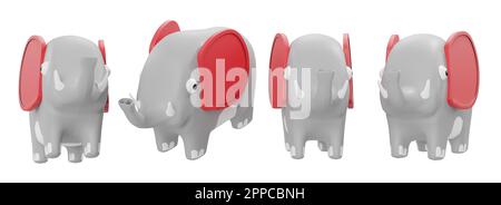 Cartoon Elephant verschiedene Winkel isoliert auf weißem Hintergrund Details hoher Qualität - 3D-Rendering Stockfoto