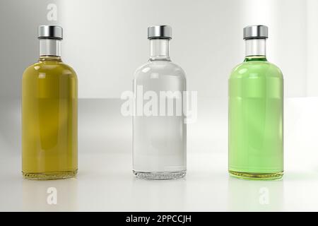 3D-Rendering - drei exklusive Flasche Alkohol isoliert auf weißem Hintergrund hochwertige Details Stockfoto