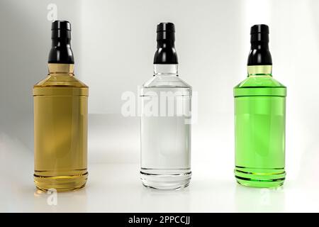 3D-Rendering - drei exklusive Flasche Alkohol isoliert auf weißem Hintergrund hochwertige Details Stockfoto