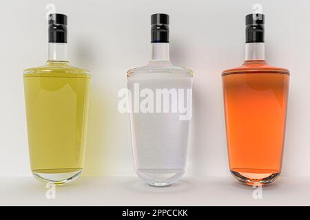 3D-Rendering - drei exklusive Flasche Alkohol isoliert auf weißem Hintergrund hochwertige Details Stockfoto