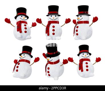 Cartoon Snowman verschiedene Winkel isoliert auf weißem Hintergrund hochwertige Details - 3D-Rendering Stockfoto