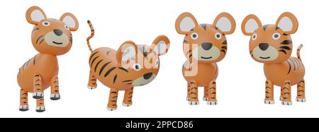 Cartoon Tiger verschiedene Winkel isoliert auf weißem Hintergrund hochwertige Details - 3D-Rendering Stockfoto