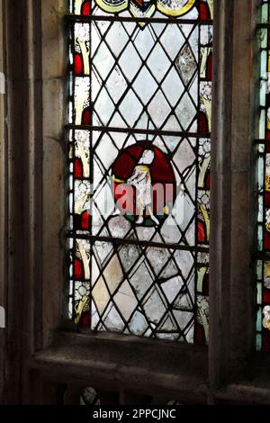 „Gloucester Golfer“ im Buntglasfenster der Gloucester Cathedral, die 1350 installiert wurde und möglicherweise das mittelalterliche Spiel Bandy Ball spielt. Stockfoto