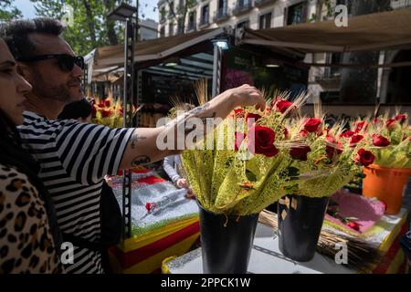 Barcelona, Spanien. 23. April 2023. Ein Paar scheint rote Rosen zu kaufen, bereit zum Verkauf an einem Stand auf Las Ramblas. Katalonien feiert am 23. April jährlich den Tag von Sant Jordi, das traditionelle Buch- und Rosenfest. Die Straßen sind voller Verkaufsstände, die Bücher und Rosen verkaufen. Kredit: SOPA Images Limited/Alamy Live News Stockfoto