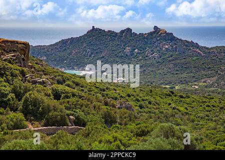 Landschaftsblick auf den Strand von Roccapina, einen wunderschönen Sandstrand mit türkisfarbenem Wasser, den Genuesischen Turm Roccapina und seinen Granitlöwen, Korsika, Frankreich Stockfoto