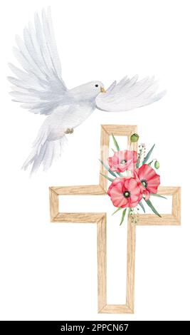 Aquarell-Illustration für Anzac-Tag. Handgezeichnete weiße Taube mit roter Mohnblume und Holzkreuz. Stockfoto
