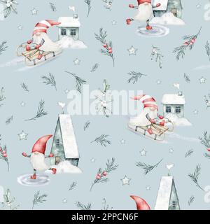 Aquarell nordisch-skandinavisches Gnom-Nahtmuster. Zwerge Schlittschuhlaufen, Schlittenfahren, Haus und Rosmarin auf Minzgrün-Hintergrund. Handgezeichnete Weihnachten Stockfoto