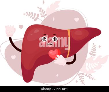 Süße Cartoon-Leber-Figur. Komisches, lächelndes menschliches Organ mit Herz in der Hand. Vektordarstellung. Lustiges Organ des Magen-Darm-Trakt-Romantikers Stock Vektor