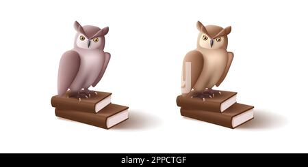 3D Abbildung einer braunen Eule, die auf Büchern steht, eine Ikone für College- oder Schulbildung Stock Vektor
