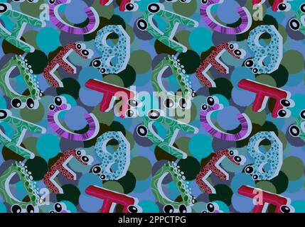 Zeichentrickfilm englische Buchstaben nahtlose Monster mit Augenmuster für Kinderbekleidung und Accessoires, Bettwäsche und Stoffe und Kindergarten-Tex Stockfoto
