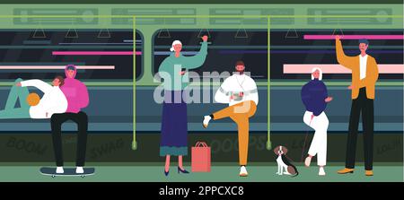 Menschen reisen in U-Bahn-Autos Vektorbilder. Cartoon-Frau und -Mann im öffentlichen modernen Zuginnenraum, stehende Passagierfiguren, Erwachsene sitzen auf Sitzen am Fenster und lesen Stock Vektor