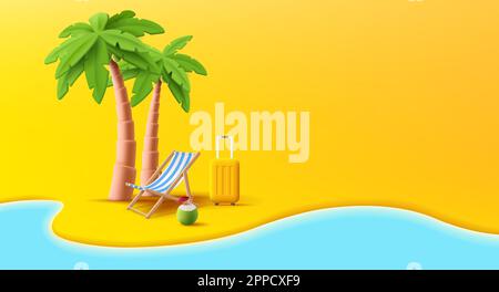 Sommerreise 3D Komposition, Strandlinie mit Sand und Meer, modernes farbenfrohes Banner, 3D Illustration von Strandchait mit Koffer und Kokosnuss-Cocktail Stock Vektor