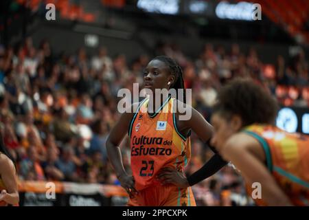 AWA Fam of Valencia Basket in Aktion während des Play off Viertelfinals von Liga Endesa am 23,2023. april im Pavilion Fuente de San Luis (Valencia, Play Stockfoto