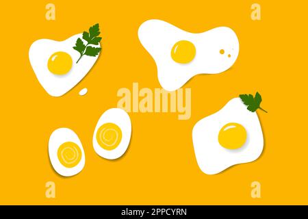 Papier-Design-Vektoreier gebraten auf gelbem Hintergrund mit Petersilie gekocht Stock Vektor