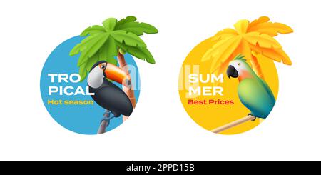 Etikettensatz mit Tukan und Papageienvogel, tropischer Palme in Kreisform, 3D-Zeichentrickfilm, Saisonmarkierungselement Stock Vektor