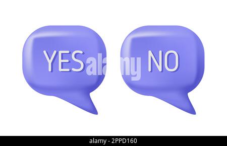 Vector 3D gibt die Sprechblase wieder. Blase mit Ja- und Nein-Antwort in blauen Farben. Banner für Support-Chat 3D. Form des Informationsschilds. Label für Quizantwort. Stock Vektor