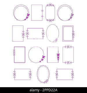 Rahmen im Strichkunststil in verschiedenen Formen. Die rechteckigen und ovalen minimalistischen Rahmen sind mit abstrakten Schmetterlingsblättern dekoriert. Vektorset der Konstruktion Stock Vektor