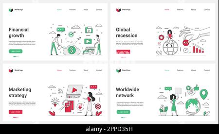 Marketingstrategie für Finanzwachstum, globale Rezession, Netzwerkdarstellung. Kleine Zeichentrickfilme arbeiten mit einem Balkendiagramm der Börse und einer Präsentation mit Pfeil nach oben oder unten Stock Vektor