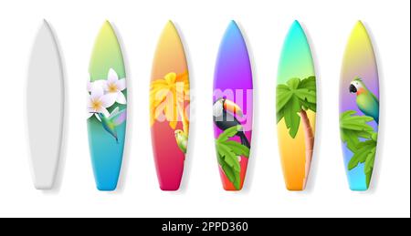 Vektorvorlage Surfboard tropische Hintergründe mit 3D-Darstellungen von Palmen, Tukane, Papageien und Blumen Stock Vektor