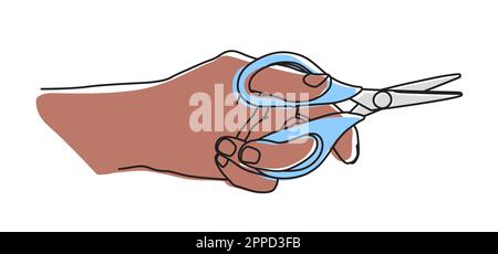Schere in der Hand halten, Montion schneiden. Handgezeichnet mit dünner Linie. Vektordarstellung isoliert auf weißem Hintergrund Stock Vektor