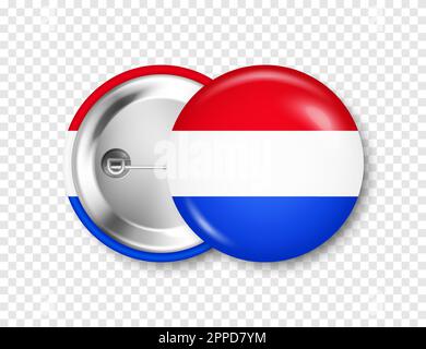 Realistisches Abzeichen mit aufgedruckter holländischer Flagge. Ein Souvenir aus den Niederlanden. Glänzendes Badge mit glänzendem Metallverschluss. Produktmodell für Werbung und Stock Vektor