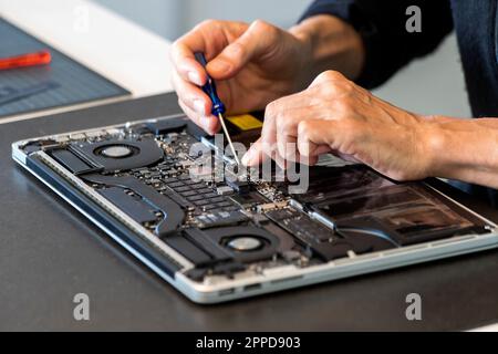 Mann repariert Laptop mit Schraubenzieher Stockfoto