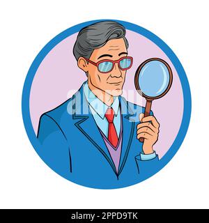 Ein hübscher junger Mann, der eine Lupe in der Hand hält. Suchen, finden, ermitteln, analysieren, prüfen, Untersuchungskonzeptdarstellung im Cartoon. Stock Vektor